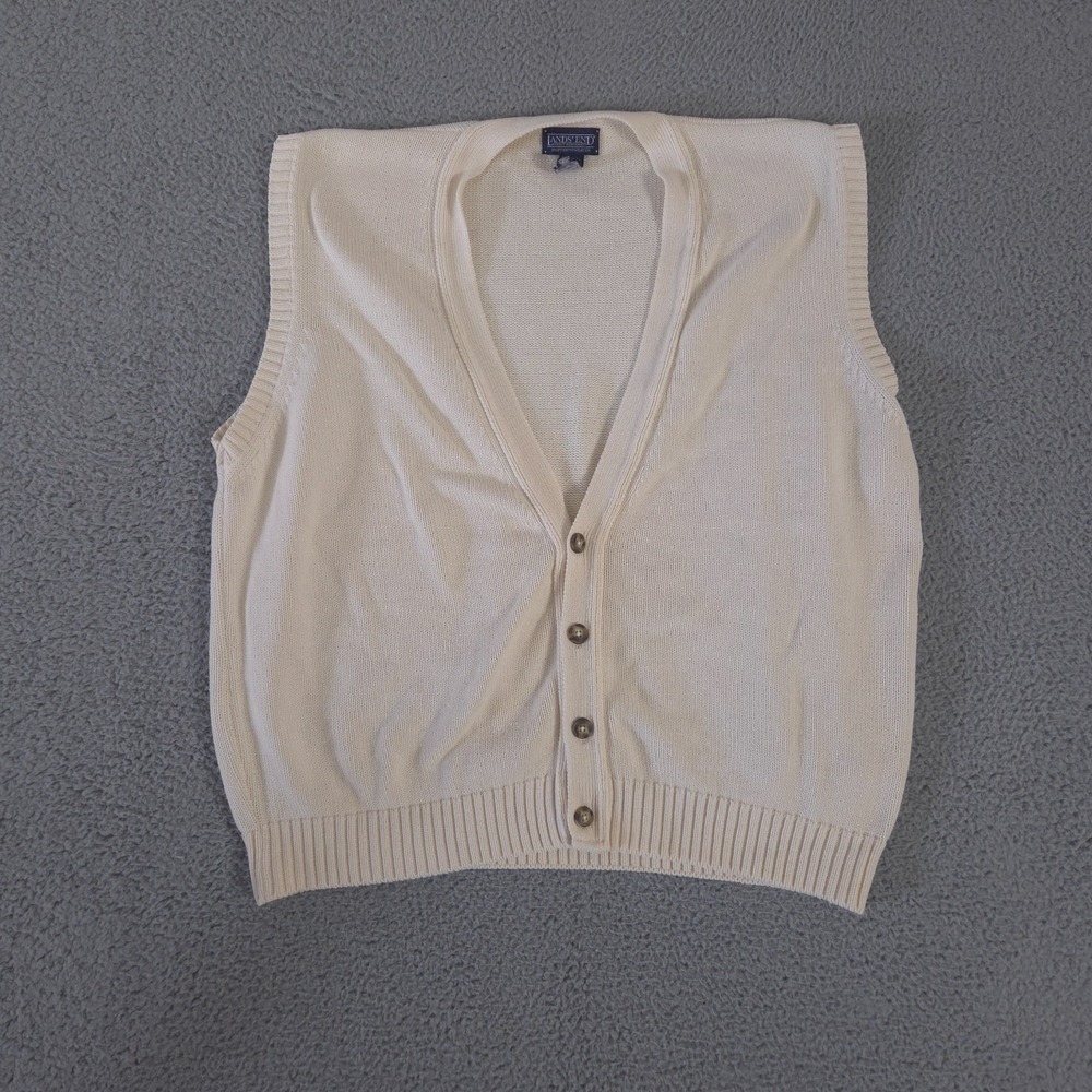 VINTAGE Lands End Sweater Vest Mens XL Beige Button Cardigan Cotton Made in USA - Picture 2 of 8